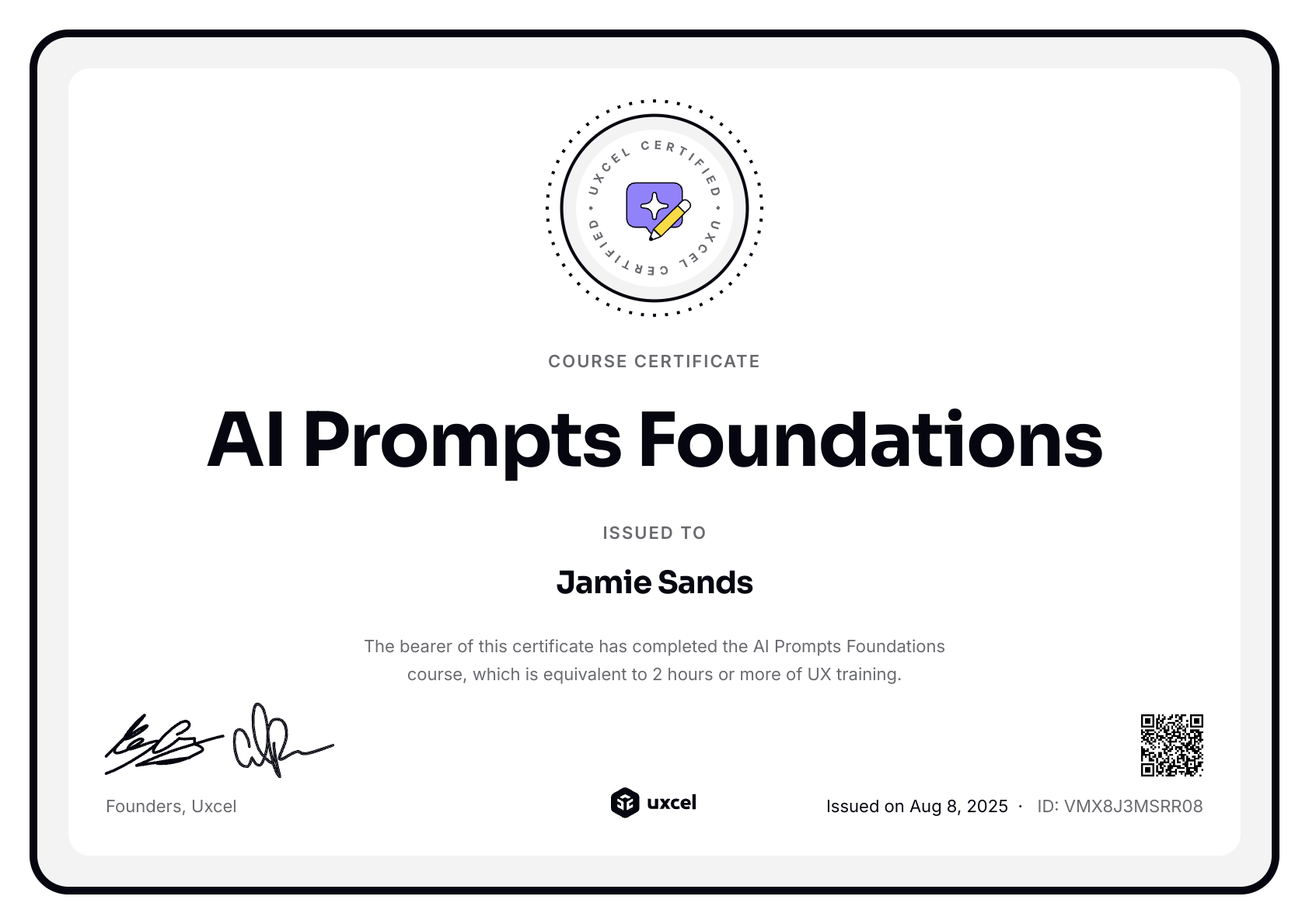 Jamie Sands's certificate